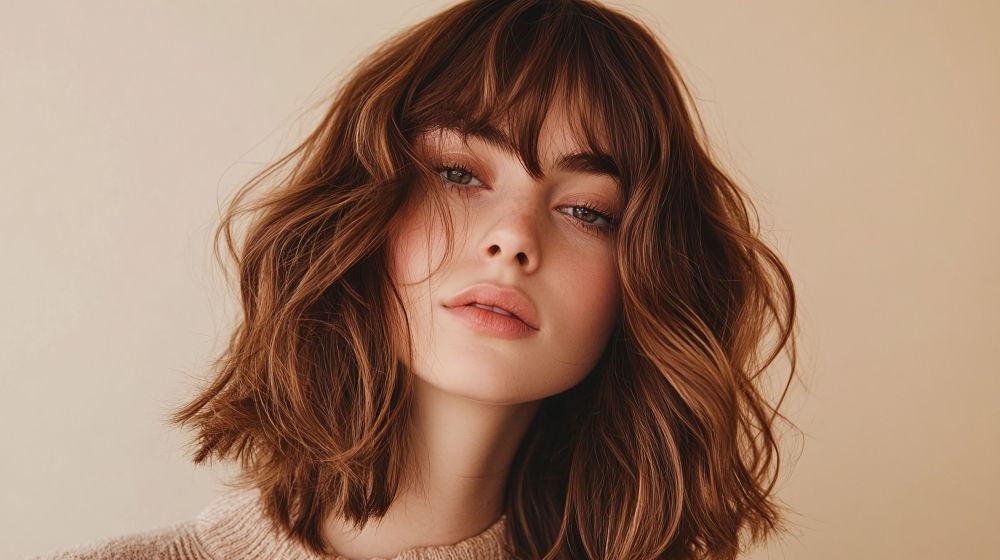 Jeune femme avec une frange rideau et une wolf cut